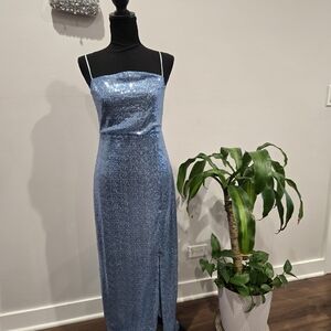 Blue Sequin Slip Dress with Spaghetti Straps